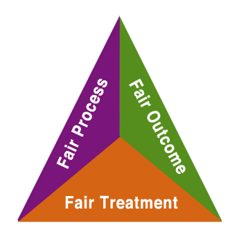 Triangle with 'Fair Process' on one side (white letters on purple), 'Fair Outcome' on the second (white letters on lime green), and 'Fair Treatment' on the third side (white letters on orange).